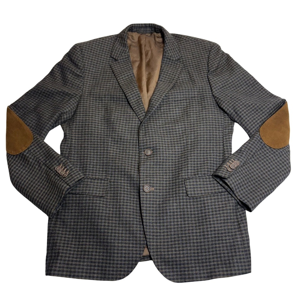 Hugo Boss Sport Coat Men's 40R Blue Gray Check Blazer Elbow Patches Tailored